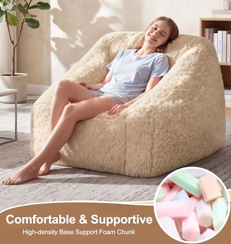 Image of Hobestluk Bean Bag Chair Plush Accent Chair Armrest Living Room Adult Beige