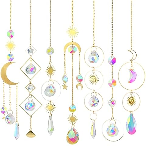 7 Pieces Colorful Crystals Suncatcher Hanging Sun Catcher with Chain Pendant Ornament Crystal Balls for Window Home Garden Christmas Day Party Wedding (Golden) Cover