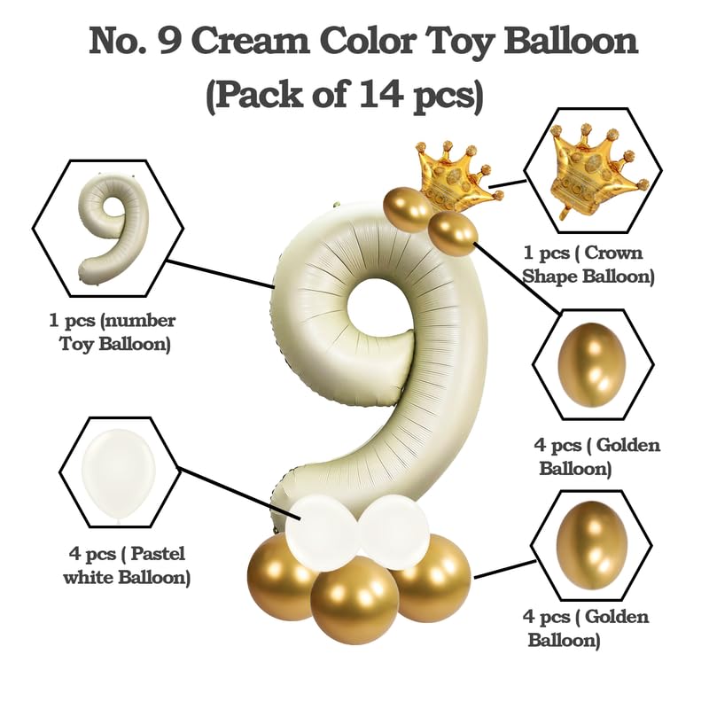 Image of Cream Color 32 Inch Number Helium Foil Balloon For Birthday Decoration Items | Number foil Balloon 9 | Anniversary Decoration Items | Pack of 14
