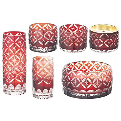 サンメニー クリスタル 仏具 6点セット 本格 切子硝子 インテリアに馴染む おしゃれ お花 ろうそく 線香 お茶 ご飯 現代仏壇 お仏壇 仏具小物 フラン レッド フラワースタンド キャンドルスタンド インセンスホルダー タンブラー コンパクト 小さい