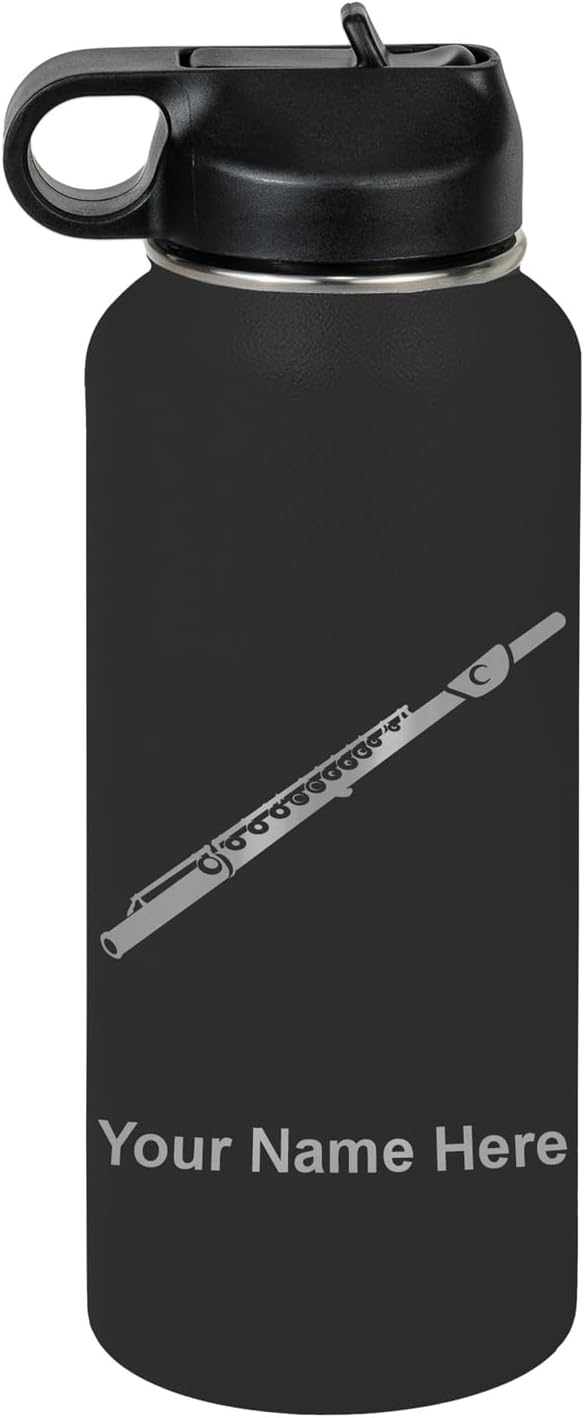 LaserGram Personalized Water Bottle, Flute, Stainless Steel Double Wall Vacuum Insulated with Flip Top Straw, Custom Engraved Gift (32oz / 950ml Black)