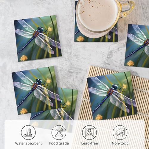 Dessous de verre en céramique absorbant lot de 6 avec liège motif libellule - 6