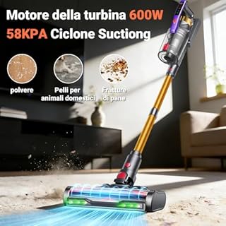 Infaebo Aspirapolvere Senza Fili, 58KPa/550W/50Min, Dotato di Contenitore da 1,8 litri e Spazzola Anti-Groviglio Scopa Elettrica Senza Fili, Utilizzabile per peli di Animali Domestici,Casa, Auto, Oro
