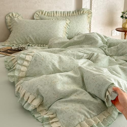 Image of VM VOUGEMARKET Ruffle Duvet Cover Set Twin,Vintage Sage Green Floral Duvet Cover with Romantic Ruffles,Double-Layer Gauze Cotton Bedding Set,Comfy,Breathable & Lightweight for Teen Girls-68 x86