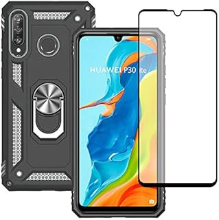 Yiakeng Case for Huawei P30 Lite, P30 Lite Case, With Tempered Glass Screen Protector, Silicone Shockproof Protective Phone Cover with Ring Kickstand for Huawei P30 Lite (Black)