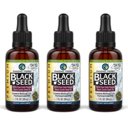 Amazing Herbs Premium Black Seed Oil - Gluten Free, Non GMO, Cold Pressed Nigella Sativa Aids in Digestive Health, Immune Support, Brain Function - 1 Fl Oz (Pack of 3)