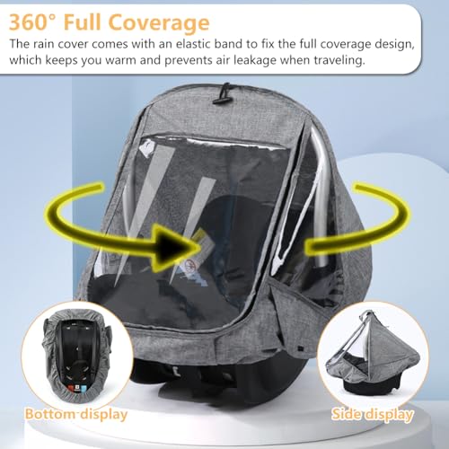 Universal Regenschutz für Babyschale, Baby Autositz Regenschutz, Transparent Regenverdeck Babyschale, Komfort Regenschutz Babyschale, mit Einfacher Zugang Rolltor, Trageöffnung und Luftlöchern (Grau)