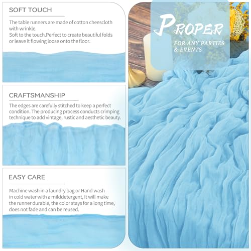 YMHPRIDE 2 Packs Cheesecloth Table Runner Baby Blue, 90x300cm Light Blue Rustic Gauze Fabric Boho Table Runner, Cheesecloth Wedding Table Decor for Wedding Party Bridal Shower Table Decorations - Image 3