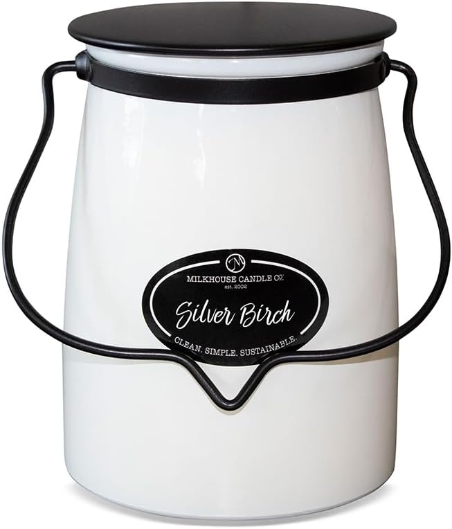 Milkhouse Candle Company Silver Birch Soy Candle - Evergreen | Birch | Warm Spice Scented - 22 oz Butter Jar with Lid, 120+ Hour Burn Time, Made in the USA