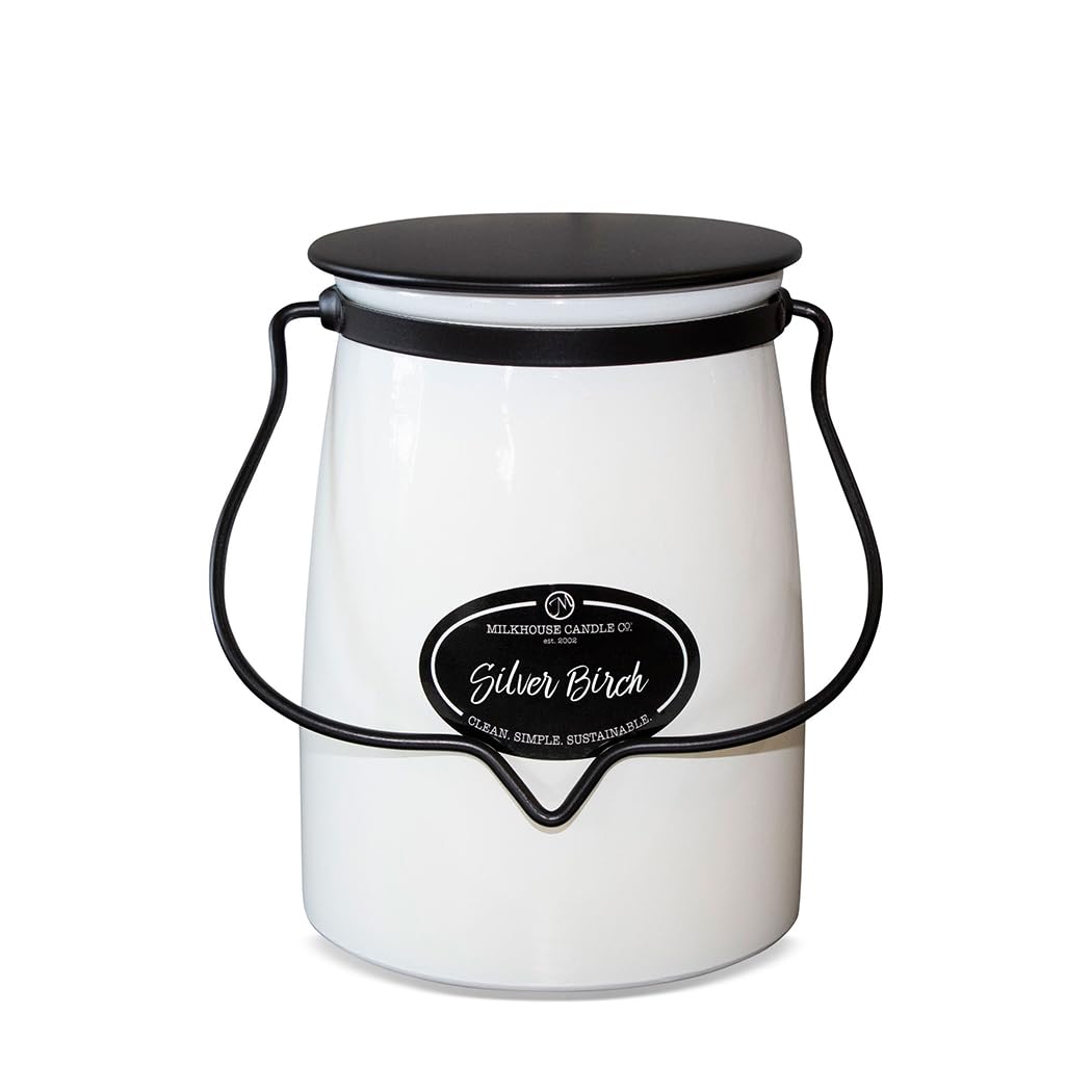 Milkhouse Candle Company Silver Birch Soy Candle - Evergreen | Birch | Warm Spice Scented - 22 oz Butter Jar with Lid, 120+ Hour Burn Time, Made in the USA