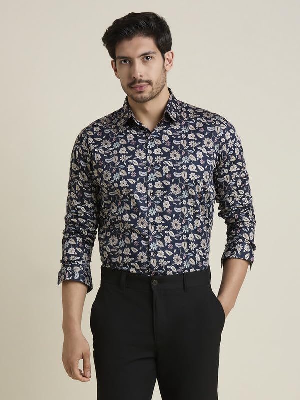 Image of MARK & ALBERT Men's Printed Full Sleeves Regular Fit Shirt Blue | 100% Cotton Stretchable Fabric