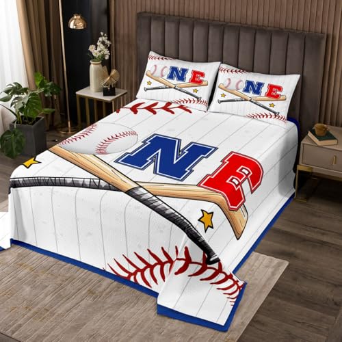 Erosebridal Baseball Coverlet Set King Size Softball Game Bedspread Cartoon Sports Stars Quilted Coverlet for Teens Boys Geometric Stripe Blue Red Quilted Coverlet