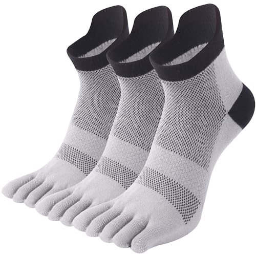 SPST Coolmax Toe Socks for Men Women, Breathable Five Finger Ankle Socks, Athletic Running Seamless Cushioned Socks with Tab Top, 3 Pairs Gray M