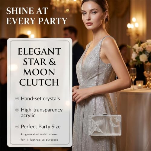 Image of Ladies Clear Acrylic Moon and Star Rhinestone Chain Bag Sparkly Transparant Clutch Purse for Women Evening