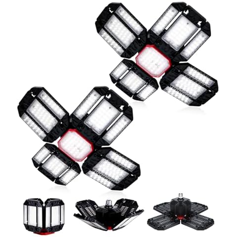 Yiliaw Super Bright LED Garage Light 2 Pack 200W 20000LM Shop Lights with 12 Adjustable Panels, 6500K Daylight Deformable Ceiling Light Fixture, Screw in Garage Lights Bulb for Warehouse Workshop Cover