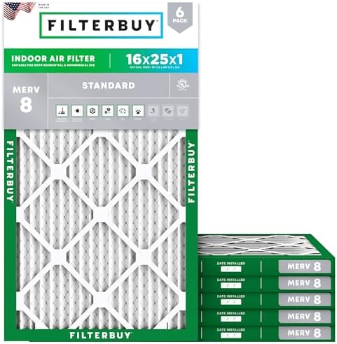 Filterbuy 16x25x1 Air Filter MERV 8 Essential Dust & Allergy Defense (6-Pack), Electrostatic Pleated HVAC AC Furnace Filters Replacement, Made in USA (Actual Size: 15.50 x 24.50 x 0.75)