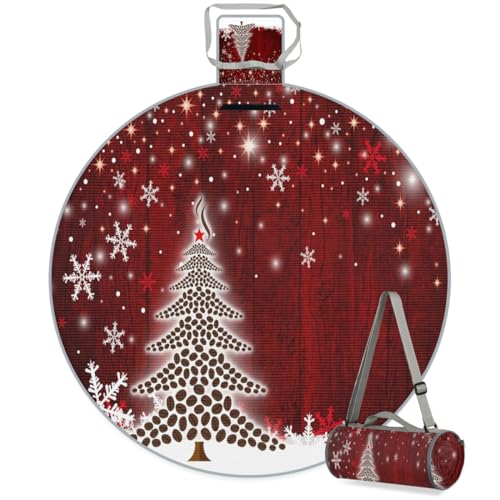 Shimoshe Colorful Christmas Snowflake Christmas Tree Picnic Outdoor Blanket Foldable Waterproof Sandproof Beach Blanket Portable Water-Resistant Round Picnic Mat for Travel Camping Park Lawn