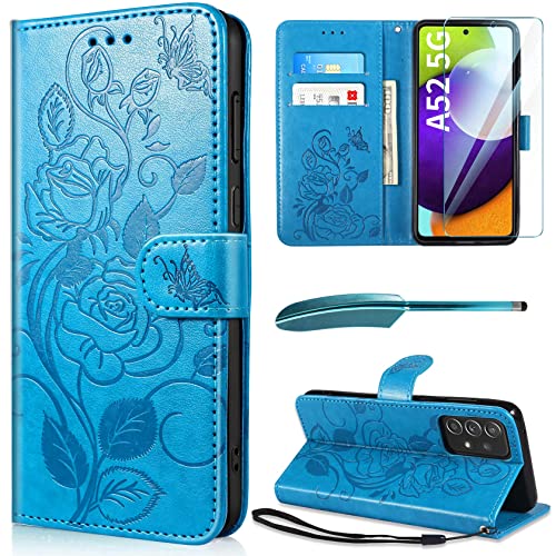 FLLAO Étui de protection pour téléphone portable Samsung Galaxy A52S / A52 5g 4g avec film de protection d'écran et stylet tactile, cuir synthétique à rabat magnétique et compartiment pour cartes Bleu Cover