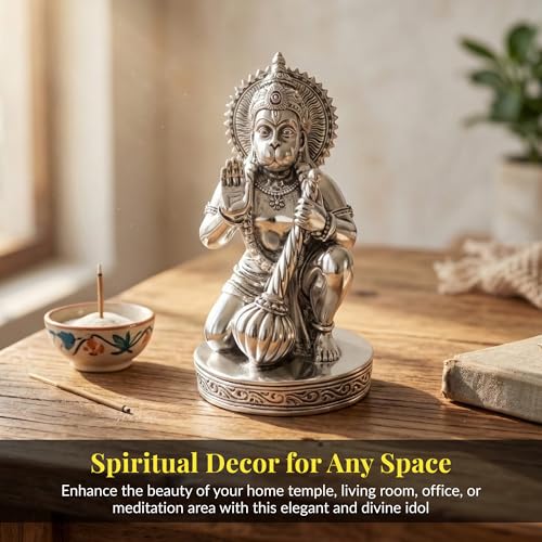 Image of Silver Plated Hanuman Idol - 6 Inch Divine Kneeling Bajrangbali Statue with Gada for Home Mandir and Office - Auspicious Vastu Decor and Spiritual Gift with Anti-Tarnish Finish