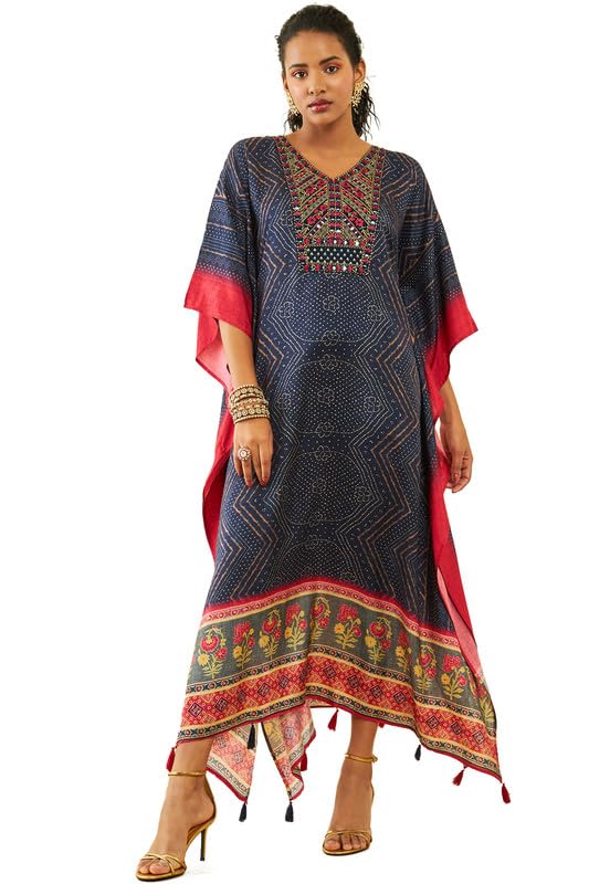 Womens Navy Blue Silk Blend Bandhani Print V-Neck Kaftan with Mirror Work Details-image-12