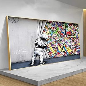 Achter het gordijn canvas schilderijen woonkamer decor graffiti street art banksy, moderne kunst aan de muur foto’s voor eetkamer decor 70 x 140 cm (27,5 “x55,1”) binnenframe