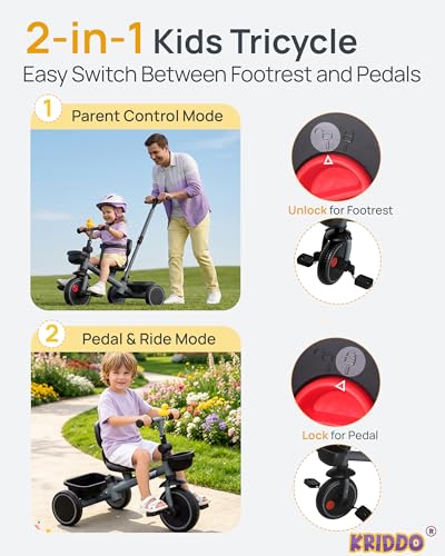 Image of KRIDDO 2-in-1 Tricycle for Toddlers 1.5-5 Years, Push Tricycle with Parent Steering & Detachable Handle, 9-Stage Adjustable Handlebar, Toddler Trike with Safety Belt, Clutch Pedals & Dual Basket, Grey