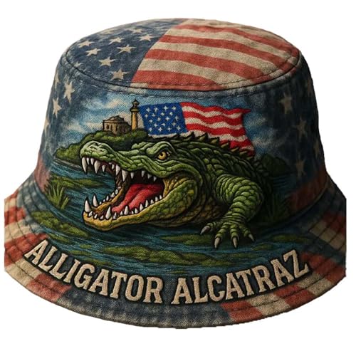 Unisex Crocodile Alcatraz Design Print Bucket Hat Alligator Alcatraz Cap American Flag Baseball Cap Stylish Casual Retro Crocodile Hat Funny Vintage Gator Bucket Cap Blue