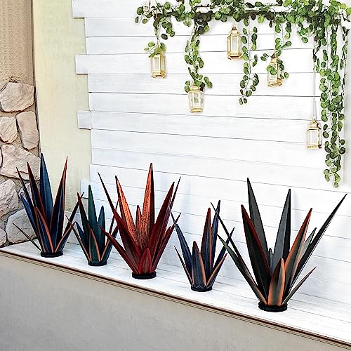 Image of KODIBO 24 inch Large Metal Agave Plant Outdoor Decor with Solar Light, Blue | Outdoor Solar Light, Multicolor Lamp, Rust-Resistant Metal, Hand-Painted Finish, Tequila Sculpture, Garden Yard Patio Decor