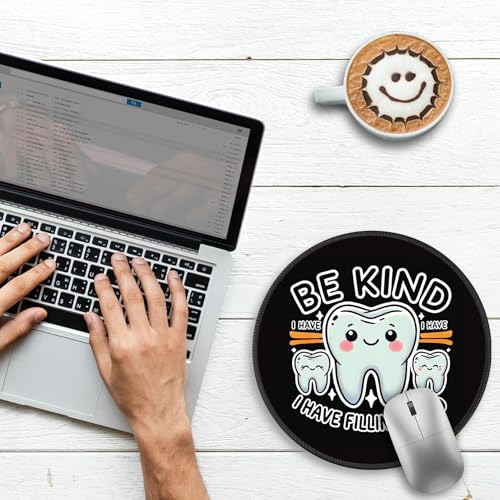 Image of Gctriki Cute Tooth Round Mouse Pad, Funny Dental Office Decor, Be Kind | Stitched Edge,Non-Slip Rubber Base, Black Mouse Pad for Gaming Laptop Computer, Cute Home Office Desk Accessories Decor