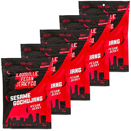 Louisville Vegan Jerky - Limited Edition Sesame Gochujang, Red Chili Paste, Hints of Sesame Oil, Vegetarian & Vegan-Friendly Jerky, 7 Grams of Non-GMO Soy Protein (3 oz, 5-Pack)