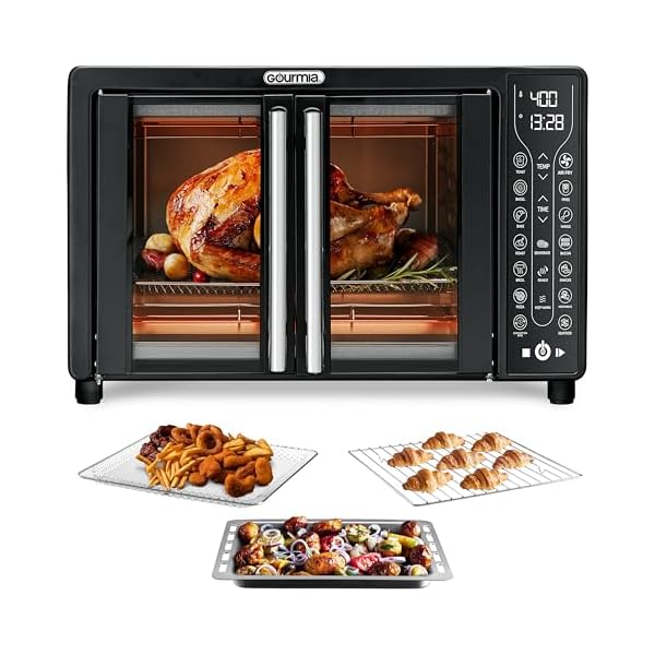 Gourmia Toaster Oven Air Fryer Combo 17 cooking presets 1700W french door digital air fryer oven 24L capacity accessories, convection rack, baking pan tray recipe book GTF7460,Large,Black