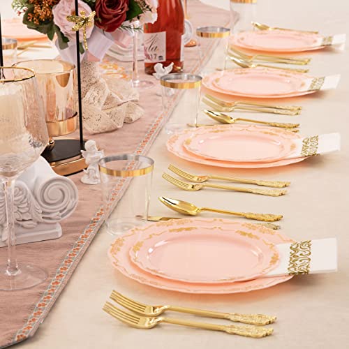 Supernal 210 Pink Gold Plastic Plates & Gold Plastic Silverware,Gold Plastic Cups,Dessert/Salad Plate With Gold Rim,Gold Cutlery,Gold Napkins,Suit For Mothers Day thumb #5