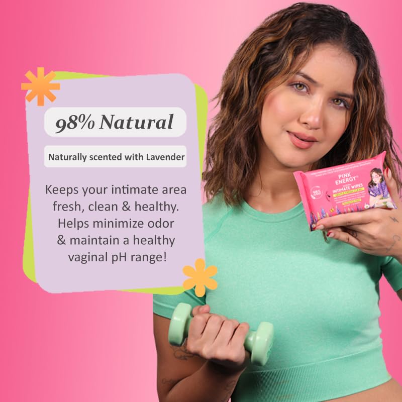 Pink Energy Intimate Wipes Combo Pack of 3 | pH-Balanced, Naturally Scented | Biodegradable Feminine Wipes | Odour Control | 30 Wipes Total | Lavender and Tea Tree 2