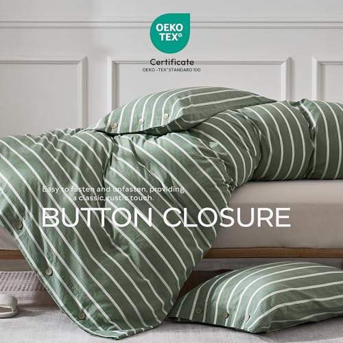 Image of JELLYMONI Cotton Duvet Cover Twin XL Size - Green Striped Comforter Cover with Button 100% Washed Cotton 2PCS Breathable Soft Solid Bedding Set Duvet Cover 66x92in & 1 Pillowcase (NO Comforter)