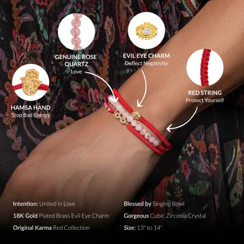Karma And Luck - United In Love - Women's Real Rose Quartz 18K Gold Plated Brass Evil Eye Wrap Red String Bracelet Handmade In Bali, Indonesia. Size: 13" To 14" #TOP1