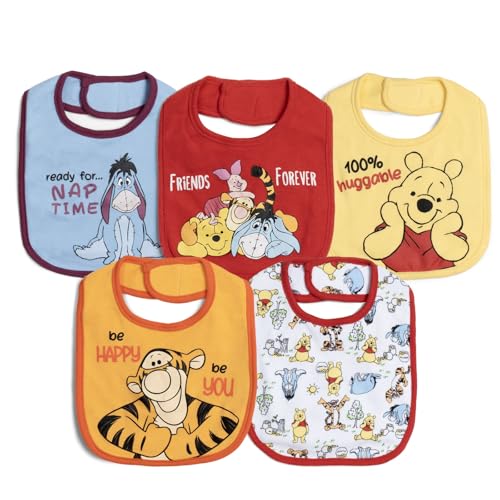 Image of Disney Winnie the Pooh Mickey Mouse Lilo & Stitch 101 Dalmatians Lion King Baby 5 Pack Bibs Newborn Sizes (OS)