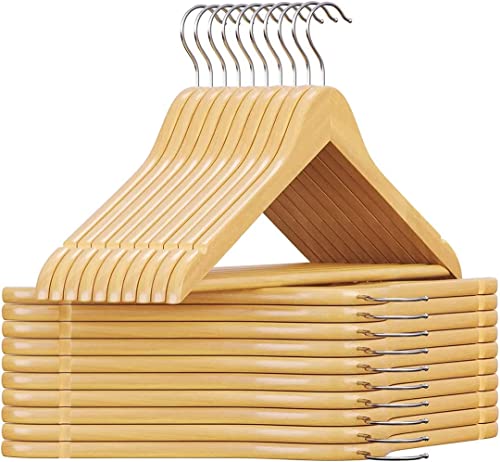 Juego de 24 Piezas, Perchas Madera Natural,Barra de Pantalón y Muescas en Hombros,Gancho Rotatorio de 360°,Perchas para Chaquetas,Trajes,Abrigos Cover