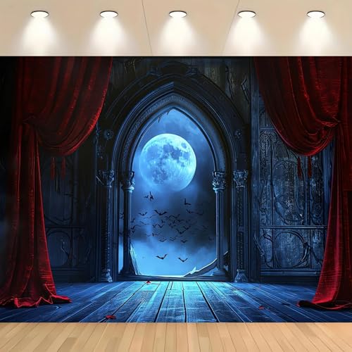 Banner Multiusos con Escena de murciélago a la luz de la Luna y Arco gótico para Estudios fotográficos, Decoraciones de Fiestas y Celebraciones Durante Todo el año. 210cmx150cm