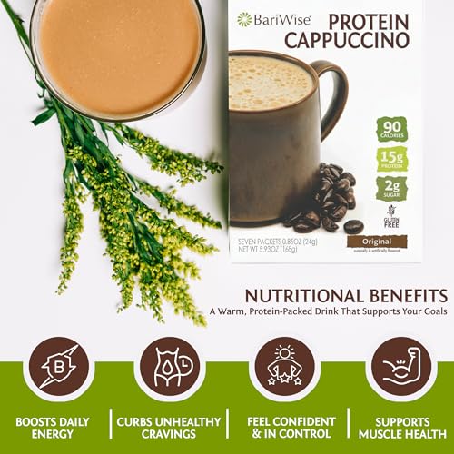Image of BariWise Protein Hot Cappuccino Mix, Protein Coffee, 7ct (Original Flavor) | 15g Protein, 90 Calories, Low Sugar, 5g Net Carbs, Keto Friendly, Gluten Free, Instant Cappuccino Mix, Bariatric Must-Haves