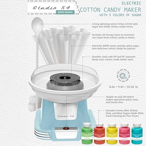 Studio 54 Retro Cotton Candy Machine with 5 Jars (11oz Each) Floss Sugar, 50 Paper Cones, Easy Cleanup Cotton Candy Maker, Durable Retro Design, Makes 20–30 Servings per Jar, BPA & Lead Free
