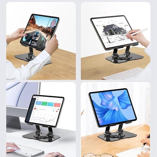 Image of Tablet Stand Holder for iPad, Galaxy, Legion Tab 4-10 Inch Tablet | Black | 360 Rotating Foldable Metal Desk Holder, Adjustable Viewing Angle, Compatible with Galaxy Tab, Kindle & Mobile