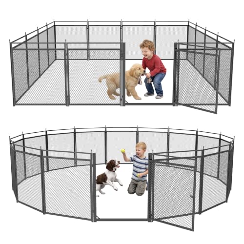 Image of Dog Fence with Safety Mesh, 32 inch Height 16 Panels Metal Pet Playpen Indoor Outdoor, Portable Dog Fence Outdoor for Yard,Camping& RV | Black-Silver