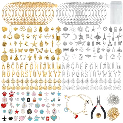 Image of Himake 653Pcs Gold Silver Charm Bracelet Making Kit, DIY Jewelry Making Supplies, Including Paperclip Chain Bracelets, Jump Rings, Charms, Gift Bags, Pliers, Box for Jewelry Making(Gold & Silver)
