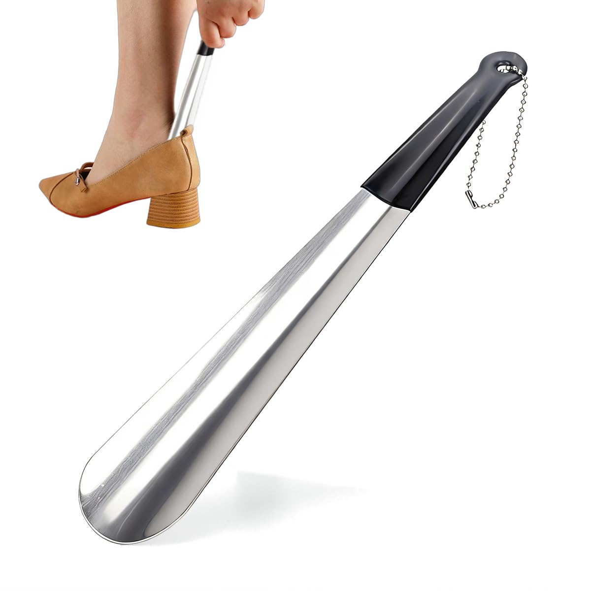 Calzador Zapatos Largo 30 cm Acero Inoxidable, Shoe Horn Metal Ergonómico con Cuerda