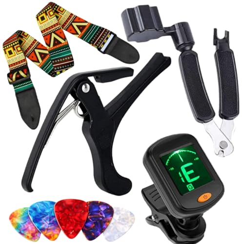 Image of IMAGINEA Guitar Accessories Kit with Digital Tuner, Bohemian Strap, Metal Capo, String Winder, 5 Picks | Tuning Device, Designer Belt | Combo Pack for Acoustic, Electric Guitar Beginners