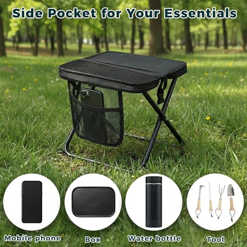Image of Portable Folding Stool - 12 inch Tall Collapsible Backpack Stool with Storage Pouch, Hands-Free Carry & Supports 300 lbs, Ultralight for Hiking, Fishing, Camping, Festivals (Black, Standard)