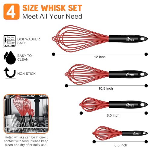 Image of HOTEC 4 Pieces Silicone Whisks Set, Wire Balloon Whisks for cooking Egg Beater, Non-slip Handle Whisk for Non-stick Cookware Perfect for Cooking, Stirring, Beating and Blending,Red