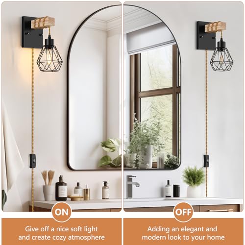 Image of Lomoky Farmhouse Wood Wall Sconces with Plug in Cord, Black Wall Sconces Set of Two, Wall Lamps that Plug into Wall Outlet, Vintage Sconce Lighting Wall Decor for Bedroom Living Room, with 5.58FT Cord