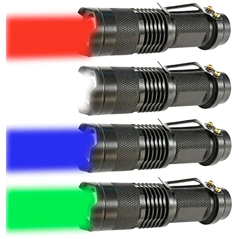 XYSRZ Red Green Blue White Light Flashlight Single Mode LED Flashlight with Clip Zoomable Mini Flashlight for Hunting Camping Night Observation, 4 Pack Cover