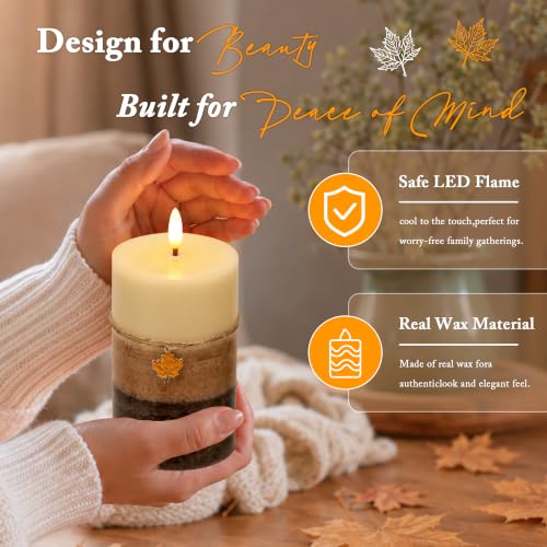 Image of Brown Fall Flameless Pillar Candles with Remote, 3 Pack Thanksgiving Decor